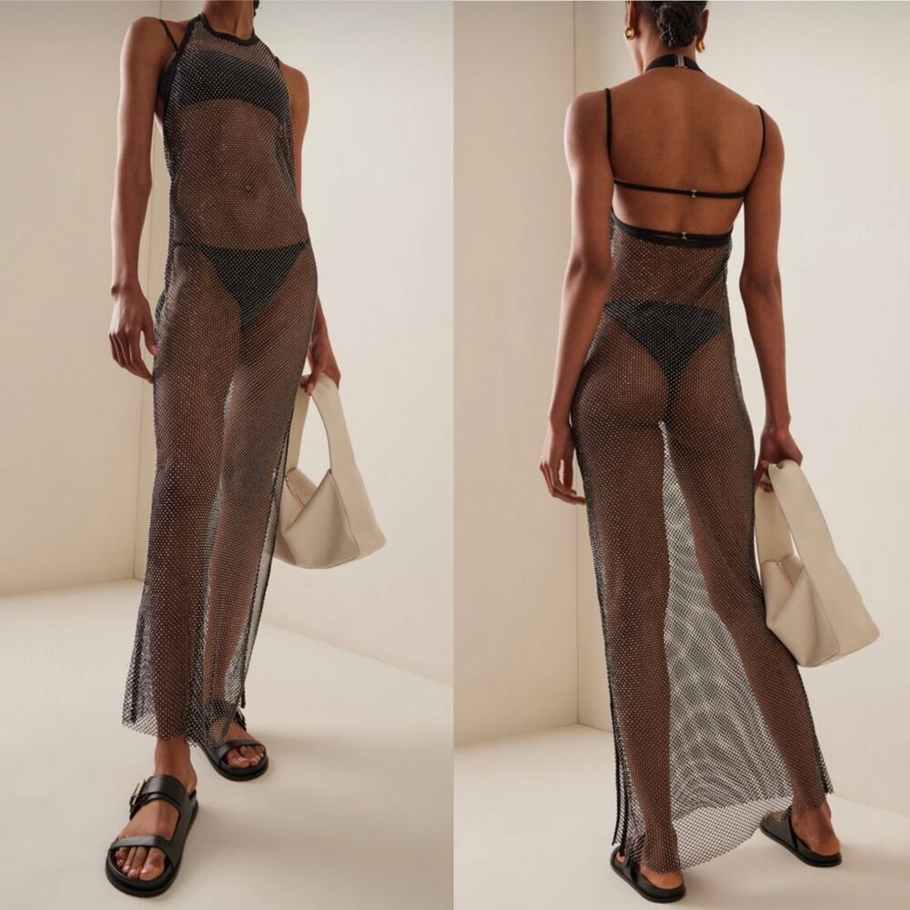 NWT Jonathan Simkhai Inaya Rhinestone Mesh Maxi Dress Black Coverup Beach Size M